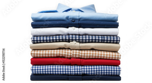 Stack of folded shirts in various colors and patterns on a black background