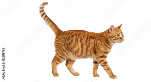 Orange tabby cat walking with tail up on a black background in studio shot