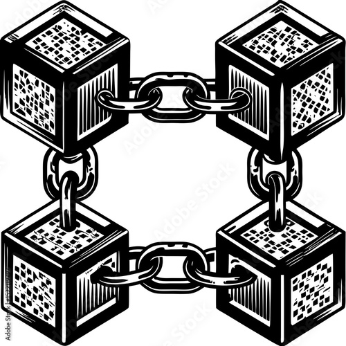 Illustration of four cubes connected by chain links art