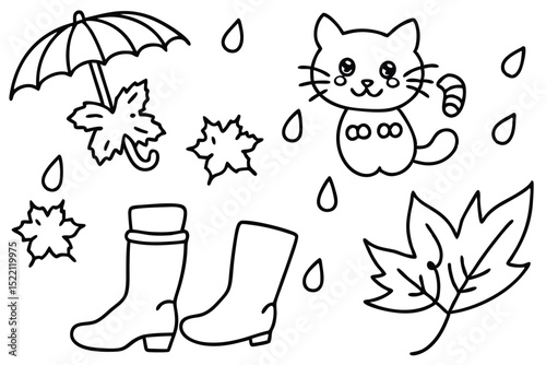 Cute Autumn Doodle with Cat Umbrella Leaves Raindrops and Boots