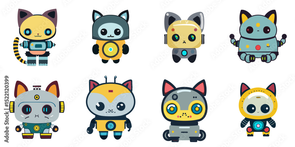 Obraz premium Multiple vector illustrations cute cat robot