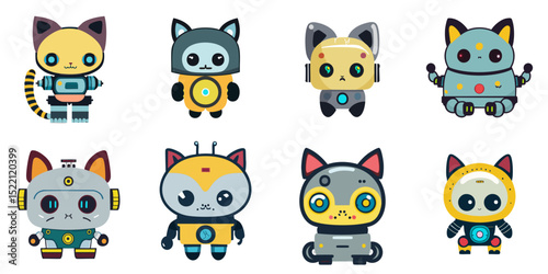 Multiple vector illustrations cute cat robot

