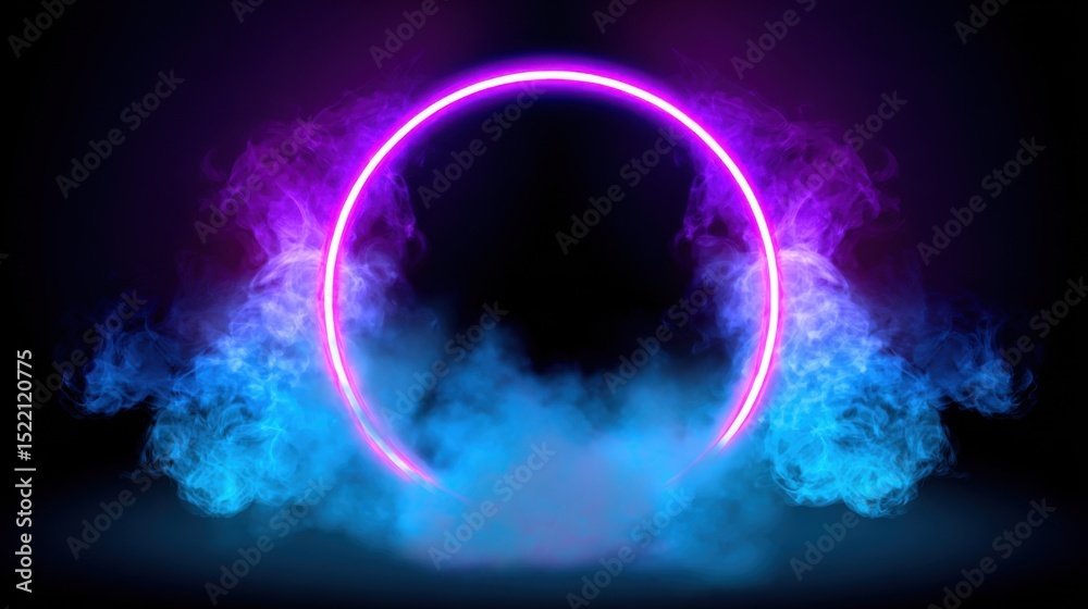 Obraz premium Vibrant neon-pink circular frame glowing against a dark background, surrounded by swirling blue and purple smoke creating a dynamic and otherworldly visual. The energetic movement of the smoke enhance