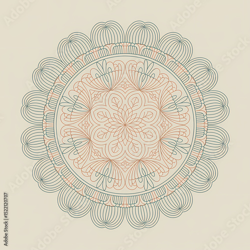 Intricate Mandala design with floral and geometric patterns. Symmetrical circular ornament in teal and gold for meditation, yoga, spiritual decor, and ethnic textile design.
