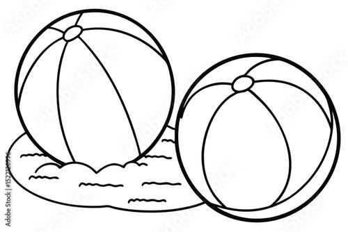 Two beach balls on the sand in a simple line drawing