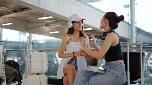Two young asian women engage in a warm conversation at the airport, sharing laughter and tears as they say goodbye, embracing tightly before departing for their journeys.