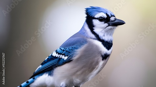 A vibrant blue jay perches on a branch, showcasing its striking blue, white, and black feathers in the wild photo