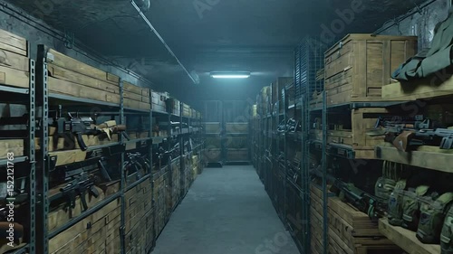 Underground armory storing military grade weapons and equipment