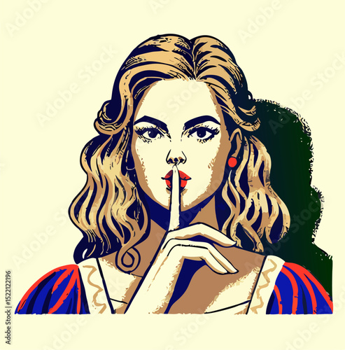 Retro Pop Art Woman with Finger to Lips, Secret