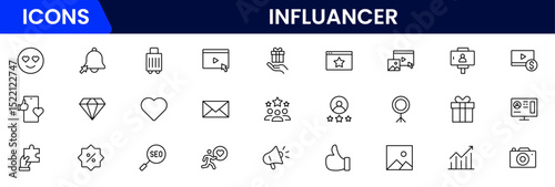 Influencer and blogging line icons collection. Big UI icon set in a flat design. Thin outline icons pack. Vector illustration