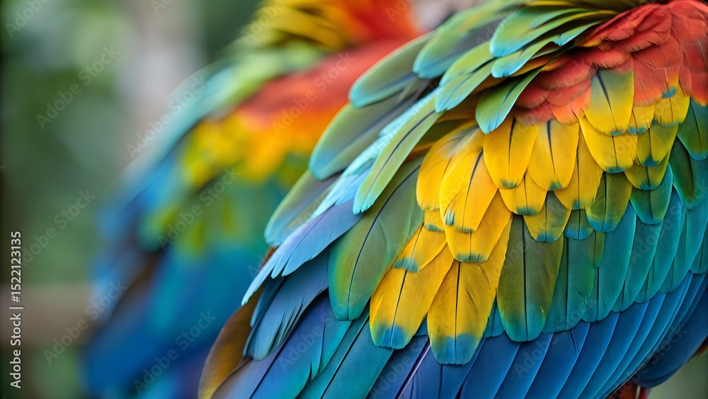 Fototapeta premium Vibrant Macaw Feathers Closeup Displaying a Spectrum of Rich Colors Blue Green Yellow Red Avian Wildlife Nature Photography