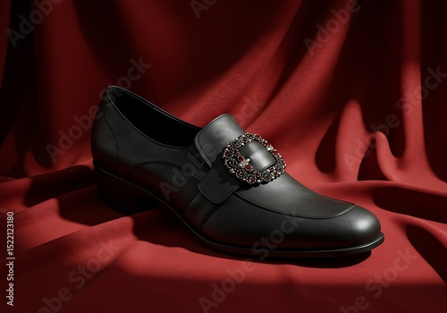 Elegant black leather loafer with jeweled buckle