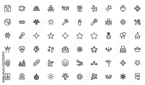 New Year and Celebration outline Icon Set. A festive collection of vibrant icons designed to enhance celebrations, perfect for party invitations, event promotions, and holiday-themed projects.