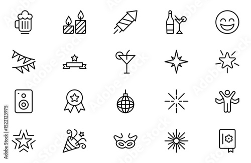 New Year and Celebration outline Icon Set. A festive collection of vibrant icons designed to enhance celebrations, perfect for party invitations, event promotions, and holiday-themed projects.