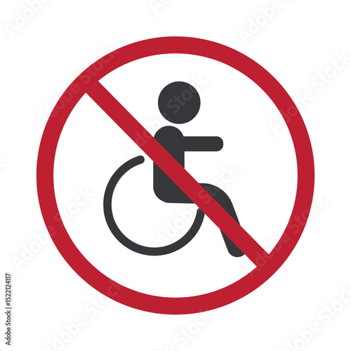 Isolated vector sign of a prohibition symbol over a wheelchair icon, indicating no entry or access for disabled individuals.