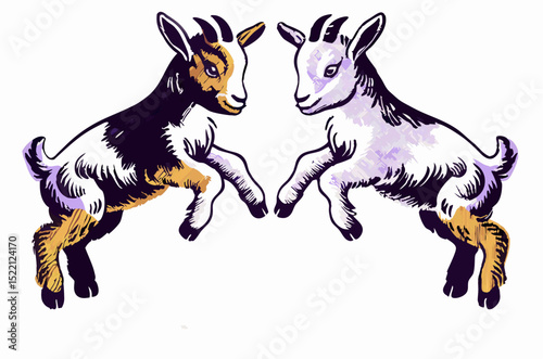 Two playful baby goats illustration, leaping kids