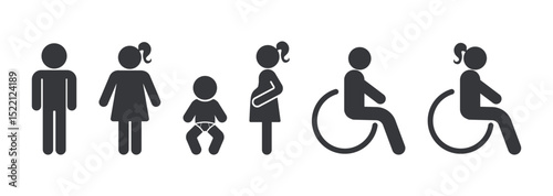 Bundle set of restroom icons for men, women, baby changing, pregnancy, and accessibility, designed for public signage and facility labeling.