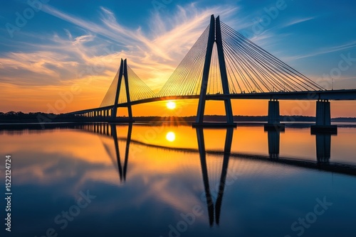 Stunning Arthur Ravenel Jr. Bridge at Sunset Reflecting in Calm Water, Charleston, South Carolina