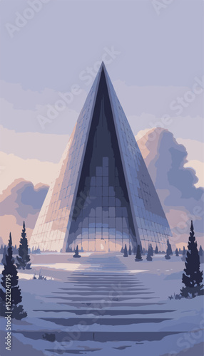 A solitary pyramid stands tall against a cold, blue winter sky, its ancient architecture dusted with snow amidst a vast mountain landscape