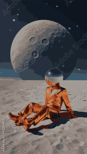 Cartoon boy and woman on the moon at night, surrounded by stars in a blue winter landscape illustration