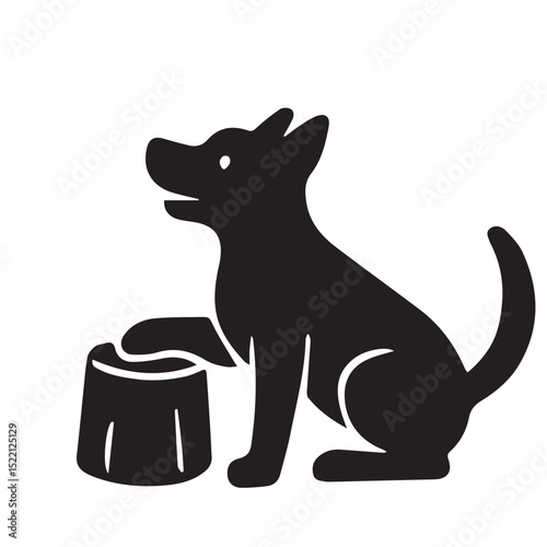 Minimalist vector silhouette of a dog sitting with one paw resting on a bench, featuring clean lines and simple black shapes for calm elegance.

