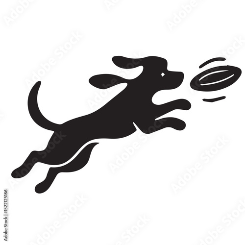 A vector silhouette showing a dog running after a ball, designed minimally with bold black forms to emphasize speed and joyful pursuit.

