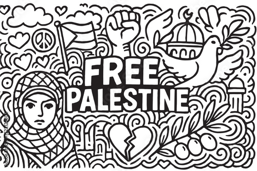 Vector background doodle advocating Free Palestine, drawn with thick black outlines and minimal details, emphasizing unity and hope through simple graphic motifs.

