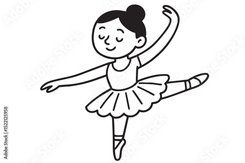 A minimalist vector of a ballerina in black and white, outlined in bold black lines with graceful pose and no extra visual details.

