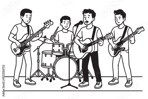 Vector doodle featuring four young men playing instruments on stage, designed in black and white with strong outlines and minimalist style.

