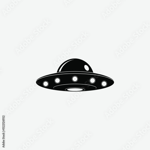 Explore a minimalist black silhouette of a classic disc-shaped flying saucer (UFO) in a clean, front-view style. Featuring a flat, symmetrical design with simple rounded shapes on a white background. 