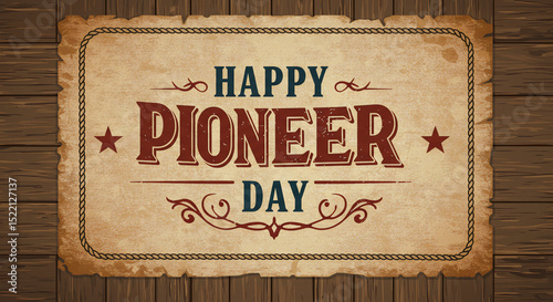 Happy Pioneer Day Vintage Western Banner with Wooden Texture and Covered Wagon