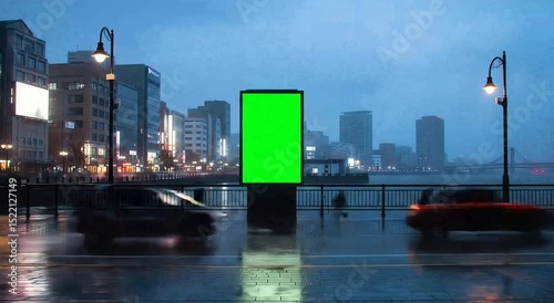 City street in rainy weather with blurred cars and pedestrians. Billboard with green screen for advertisement. Urban scene of city life in a downpour with reflections.