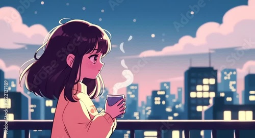 Anime style video of a girl enjoying a hot drink on a balcony overlooking a cityscape at night. The scene evokes tranquility and urban life, relaxation or contemplation animation.