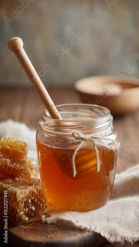 Glass jar with honey, honey dipper, and honeycomb on a wooden surface, with a linen cloth, showing natural sweetness.