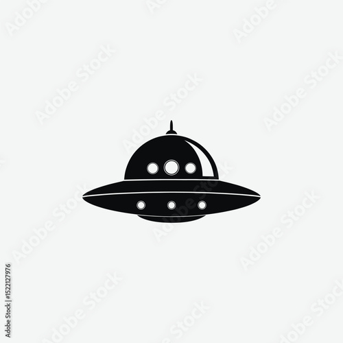 Explore a minimalist black silhouette of a classic disc-shaped flying saucer (UFO) in a clean, front-view style. Featuring a flat, symmetrical design with simple rounded shapes on a white background. 