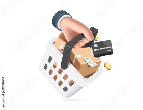 Left hand hold white shopping basket with parcel box or cardboard box placed in basket and pay with credit card after which receipt comes out, vector 3d isolated for, delivery, online shopping concept