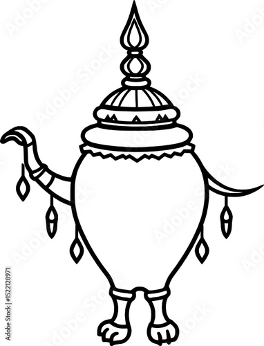Elaborate Line Art Depicting a Decorative Ornamental Creature with Tiered Headpiece and Feet