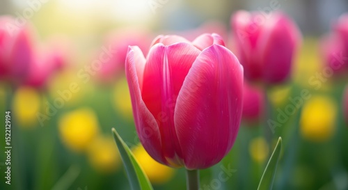 Captivating Close Up of a Vibrant Pink Tulip Against a Softly Blurred Background of Yellow Flowers and Bright Sunlight