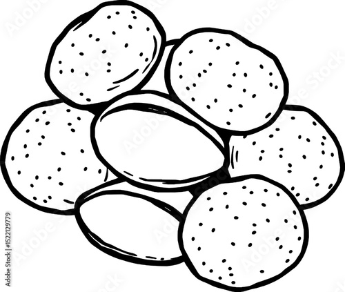 Detailed Black And White Illustration Of Several Whole And Halved Potatoes In A Simple Pile