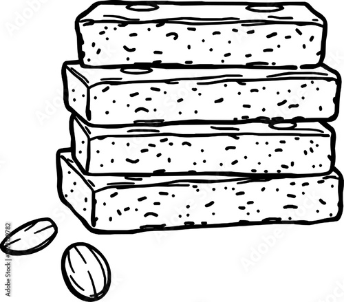 Stack Of Delicious Fudge Squares With Scattered Almond Nuts Graphic Style Illustration