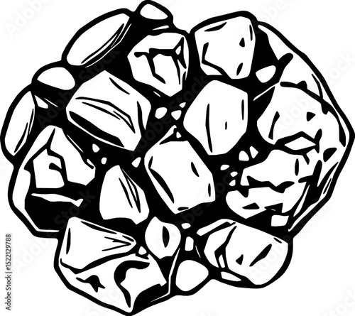Group Of Angular Crushed Stones In Black And White Graphic Style Close Up View Flat Lay On White