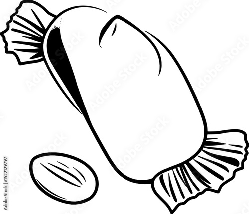 Stylized Monochrome Drawing Of Wrapped Hard Candy And Smaller Loose Piece With Simple Detailing
