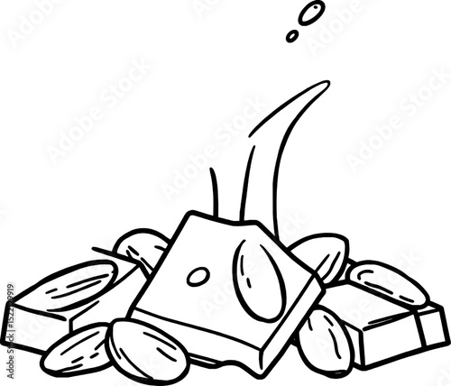 Sketchy Dessert Pile: Cubes of Fudge and Almonds Surrounded By a Rising Sweet Aroma 99 characters