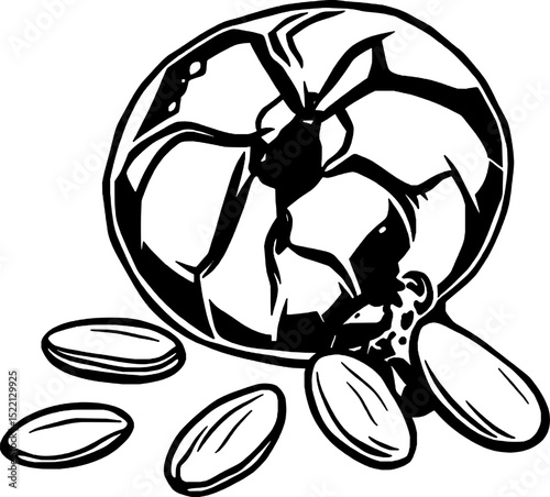 Cracked Sphere With Spilled Seeds In Black And White Stylized Illustration Art Design
