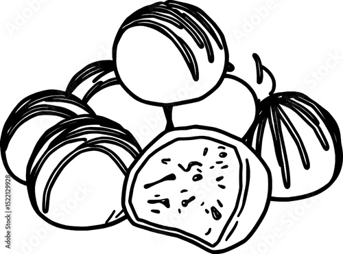 Heap Of Sweet Round Japanese Mochi Dessert Filled With Cream Simple Outline Illustration