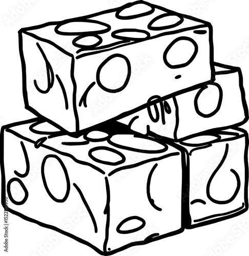 Stack Of Three Cubed Swiss Cheeses Showing Distinct Hole Patterns Drawn With Thick Black Lines
