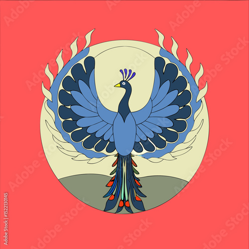 Illustration of a blue phoenix with wings spread wide open