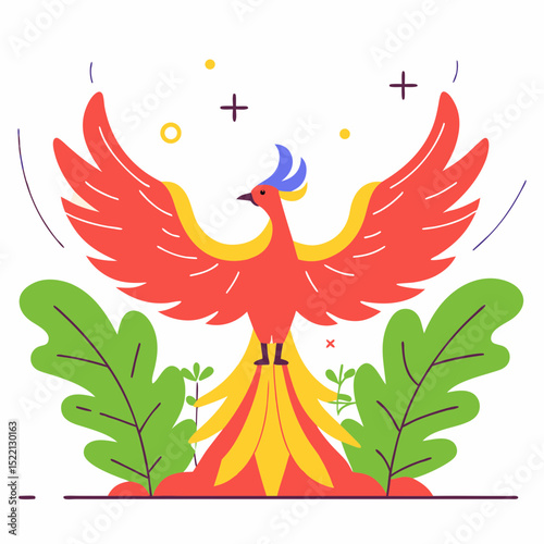 Illustration of a phoenix rising with plants and symbols