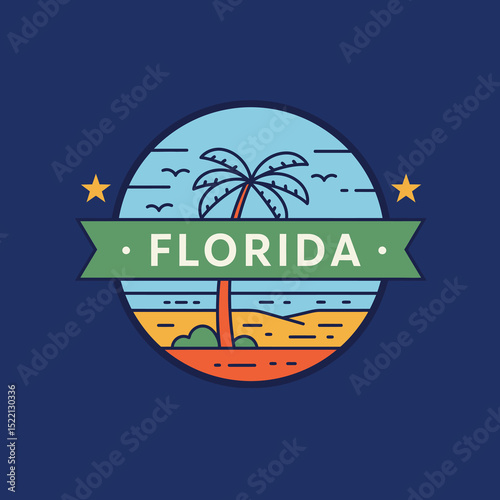 Tropical beach summer holiday logo vector illustration with a boat under the sunlit sky