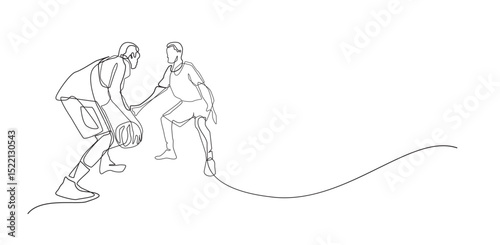 Basketball Players One Line Drawing on White Background